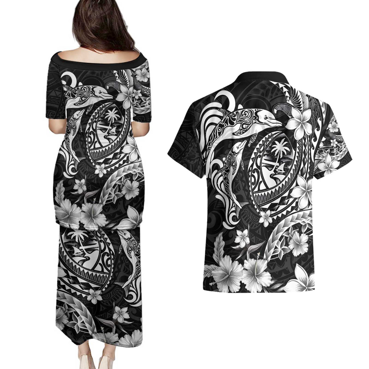 Guam Dolphins Tribal Tattoo Couples Matching Puletasi and Hawaiian Shirt Polynesian Art and Tropical Flower Grayscale LT03 - Polynesian Pride