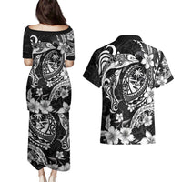 Guam Dolphins Tribal Tattoo Couples Matching Puletasi and Hawaiian Shirt Polynesian Art and Tropical Flower Grayscale LT03 - Polynesian Pride