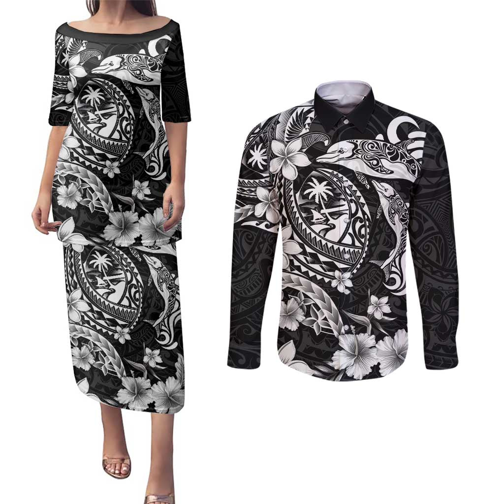 Guam Dolphins Tribal Tattoo Couples Matching Puletasi and Long Sleeve Button Shirt Polynesian Art and Tropical Flower Grayscale LT03 Black - Polynesian Pride