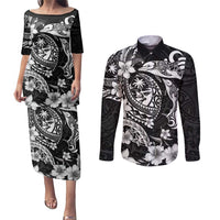 Guam Dolphins Tribal Tattoo Couples Matching Puletasi and Long Sleeve Button Shirt Polynesian Art and Tropical Flower Grayscale LT03 Black - Polynesian Pride
