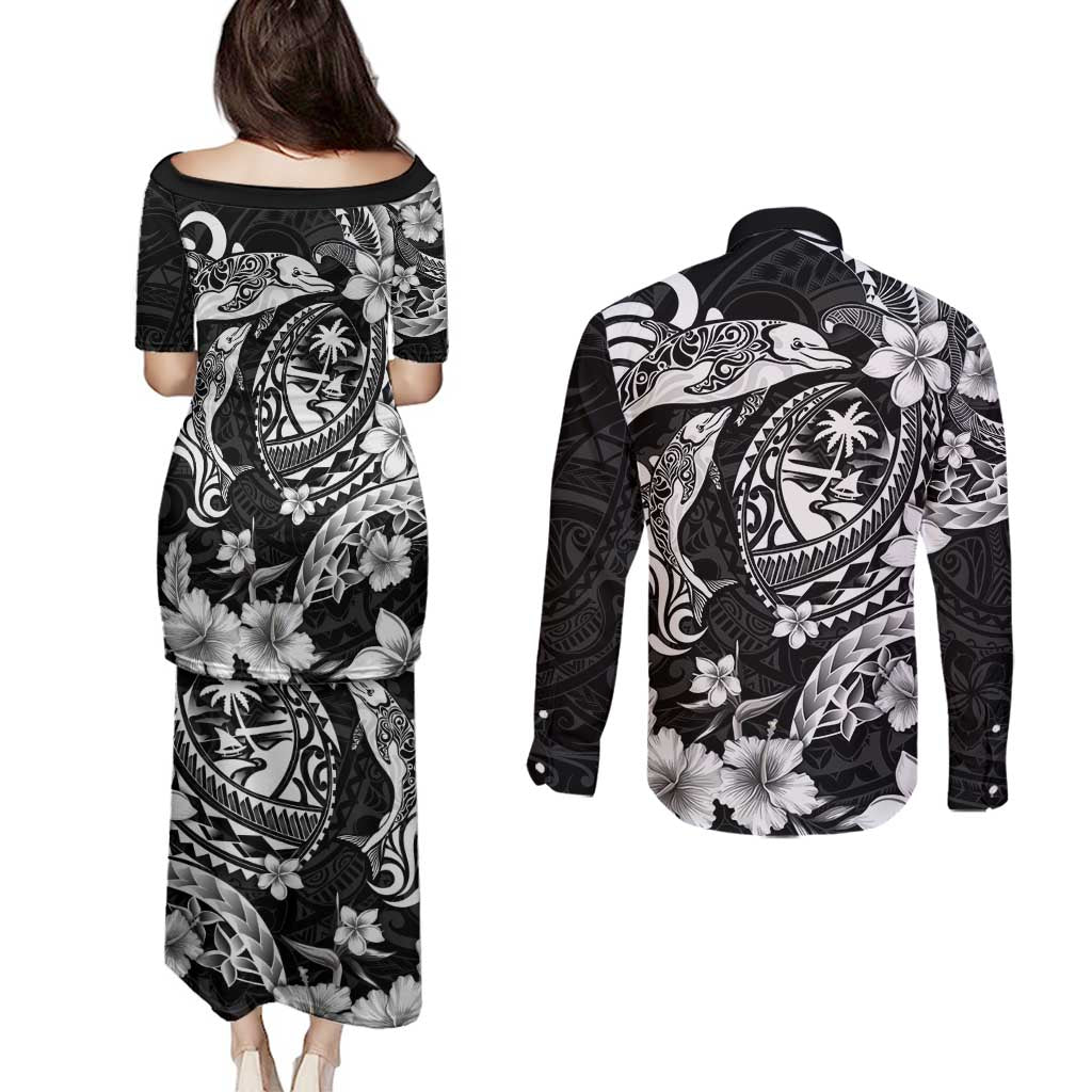 Guam Dolphins Tribal Tattoo Couples Matching Puletasi and Long Sleeve Button Shirt Polynesian Art and Tropical Flower Grayscale LT03 - Polynesian Pride