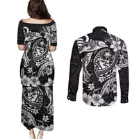 Guam Dolphins Tribal Tattoo Couples Matching Puletasi and Long Sleeve Button Shirt Polynesian Art and Tropical Flower Grayscale LT03 - Polynesian Pride