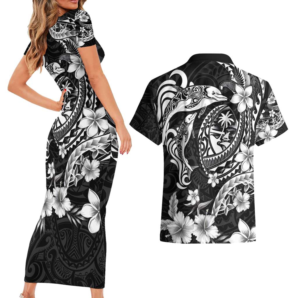 Guam Dolphins Tribal Tattoo Couples Matching Short Sleeve Bodycon Dress and Hawaiian Shirt Polynesian Art and Tropical Flower Grayscale LT03 - Polynesian Pride
