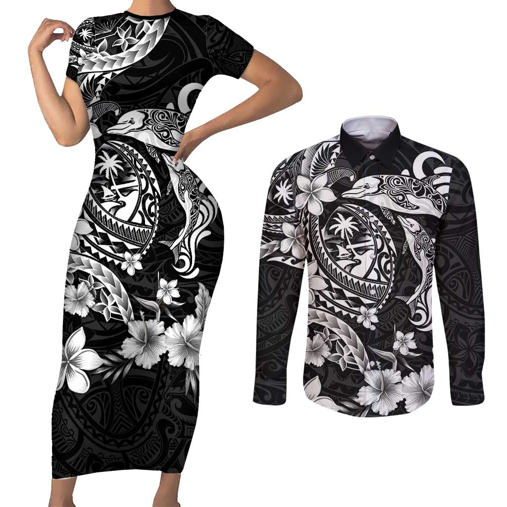 Guam Dolphins Tribal Tattoo Couples Matching Short Sleeve Bodycon Dress and Long Sleeve Button Shirt Polynesian Art and Tropical Flower Grayscale LT03 Black - Polynesian Pride