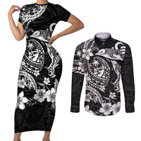 Guam Dolphins Tribal Tattoo Couples Matching Short Sleeve Bodycon Dress and Long Sleeve Button Shirt Polynesian Art and Tropical Flower Grayscale LT03 Black - Polynesian Pride