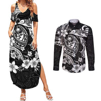 Guam Dolphins Tribal Tattoo Couples Matching Summer Maxi Dress and Long Sleeve Button Shirt Polynesian Art and Tropical Flower Grayscale LT03 Black - Polynesian Pride