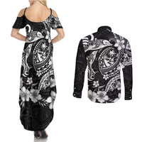 Guam Dolphins Tribal Tattoo Couples Matching Summer Maxi Dress and Long Sleeve Button Shirt Polynesian Art and Tropical Flower Grayscale LT03 - Polynesian Pride