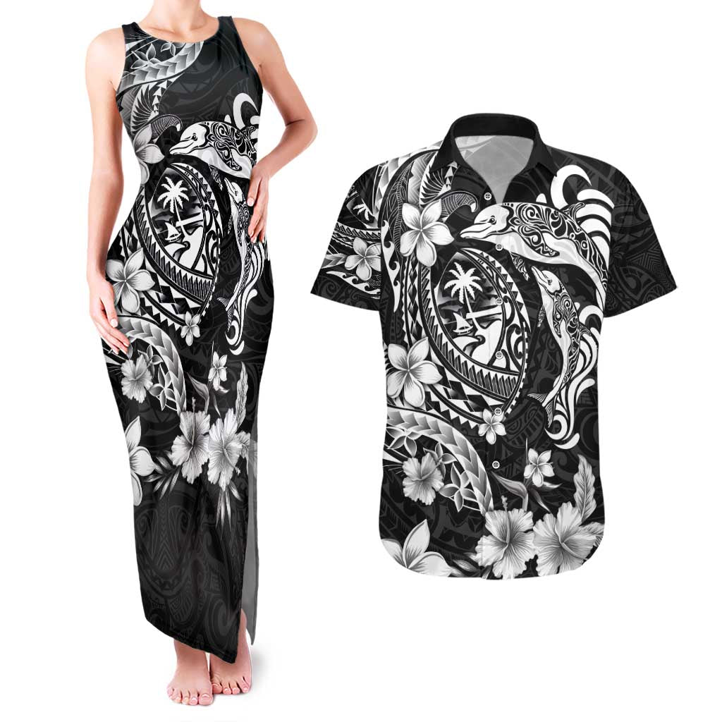 Guam Dolphins Tribal Tattoo Couples Matching Tank Maxi Dress and Hawaiian Shirt Polynesian Art and Tropical Flower Grayscale LT03 Black - Polynesian Pride
