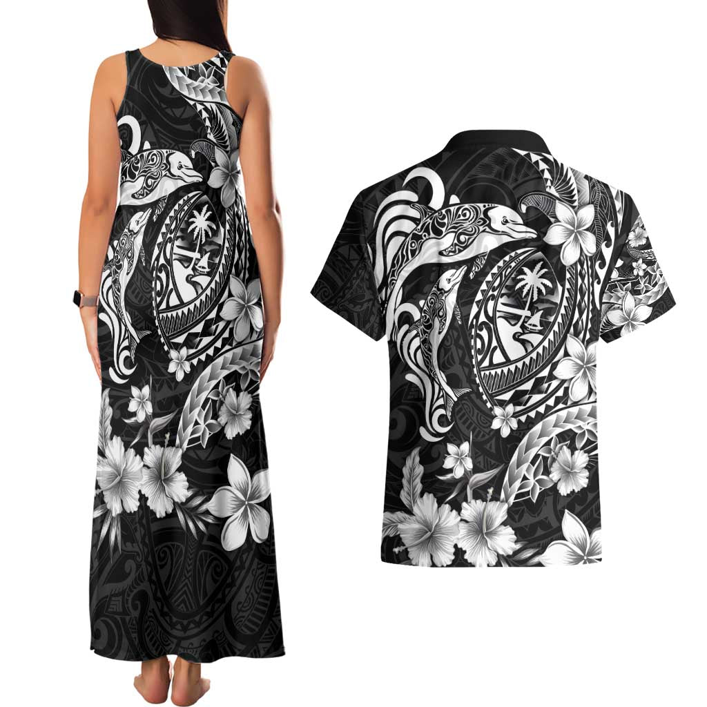 Guam Dolphins Tribal Tattoo Couples Matching Tank Maxi Dress and Hawaiian Shirt Polynesian Art and Tropical Flower Grayscale LT03 - Polynesian Pride