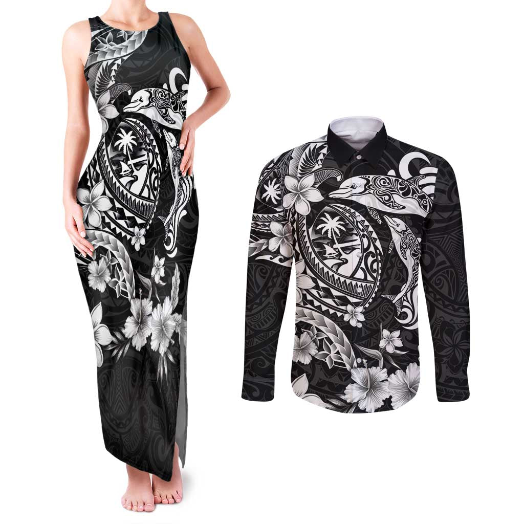 Guam Dolphins Tribal Tattoo Couples Matching Tank Maxi Dress and Long Sleeve Button Shirt Polynesian Art and Tropical Flower Grayscale LT03 Black - Polynesian Pride