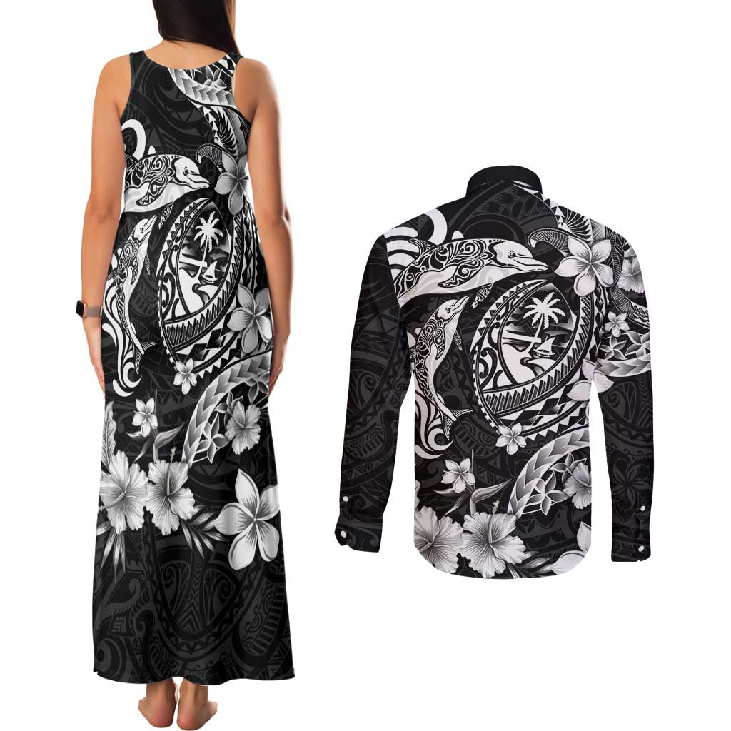 Guam Dolphins Tribal Tattoo Couples Matching Tank Maxi Dress and Long Sleeve Button Shirt Polynesian Art and Tropical Flower Grayscale LT03 - Polynesian Pride