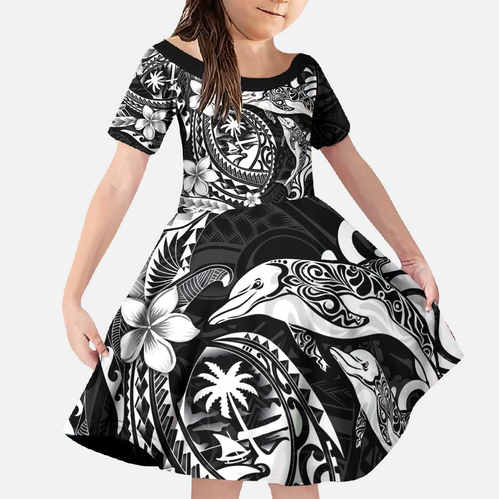 Guam Dolphins Tribal Tattoo Family Matching Long Sleeve Bodycon Dress and Hawaiian Shirt Polynesian Art and Tropical Flower Grayscale LT03 Daughter's Dress Black - Polynesian Pride