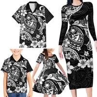 Guam Dolphins Tribal Tattoo Family Matching Long Sleeve Bodycon Dress and Hawaiian Shirt Polynesian Art and Tropical Flower Grayscale LT03 - Polynesian Pride