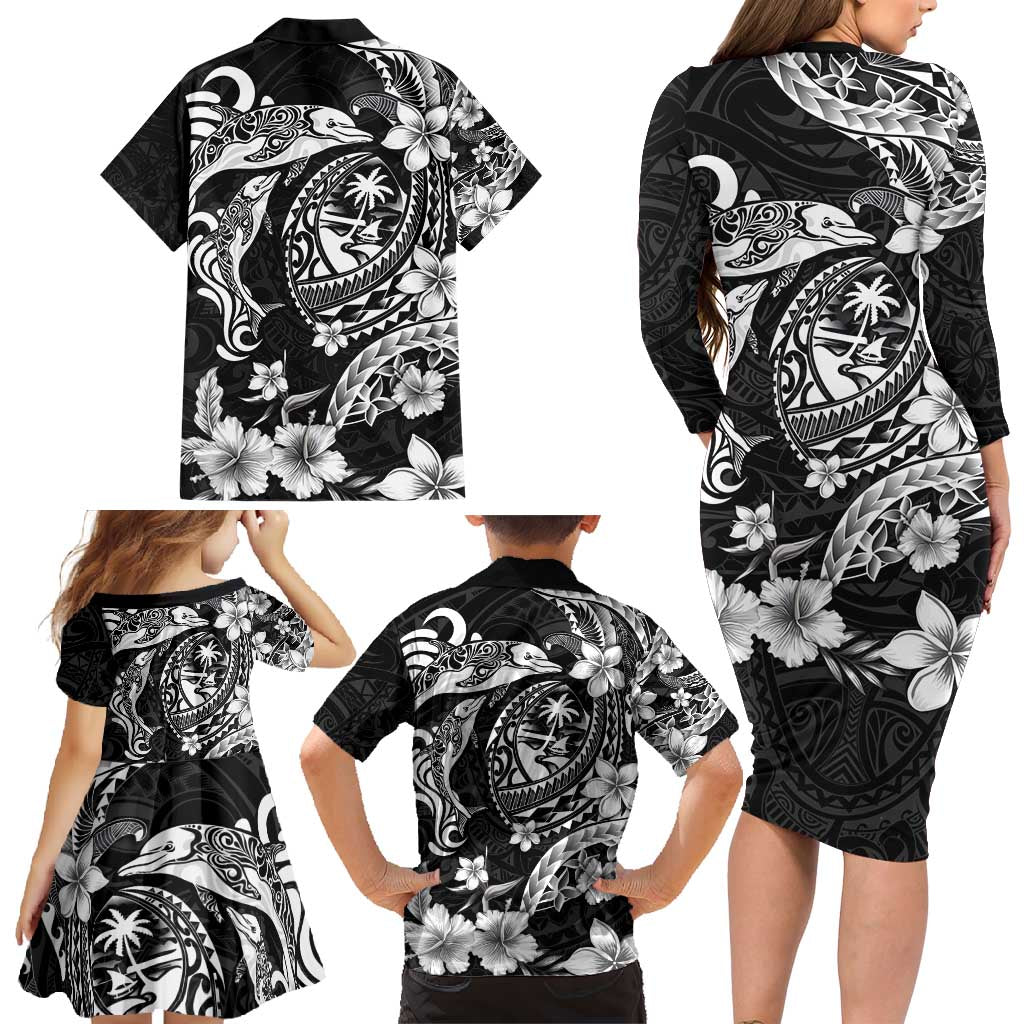 Guam Dolphins Tribal Tattoo Family Matching Long Sleeve Bodycon Dress and Hawaiian Shirt Polynesian Art and Tropical Flower Grayscale LT03 - Polynesian Pride