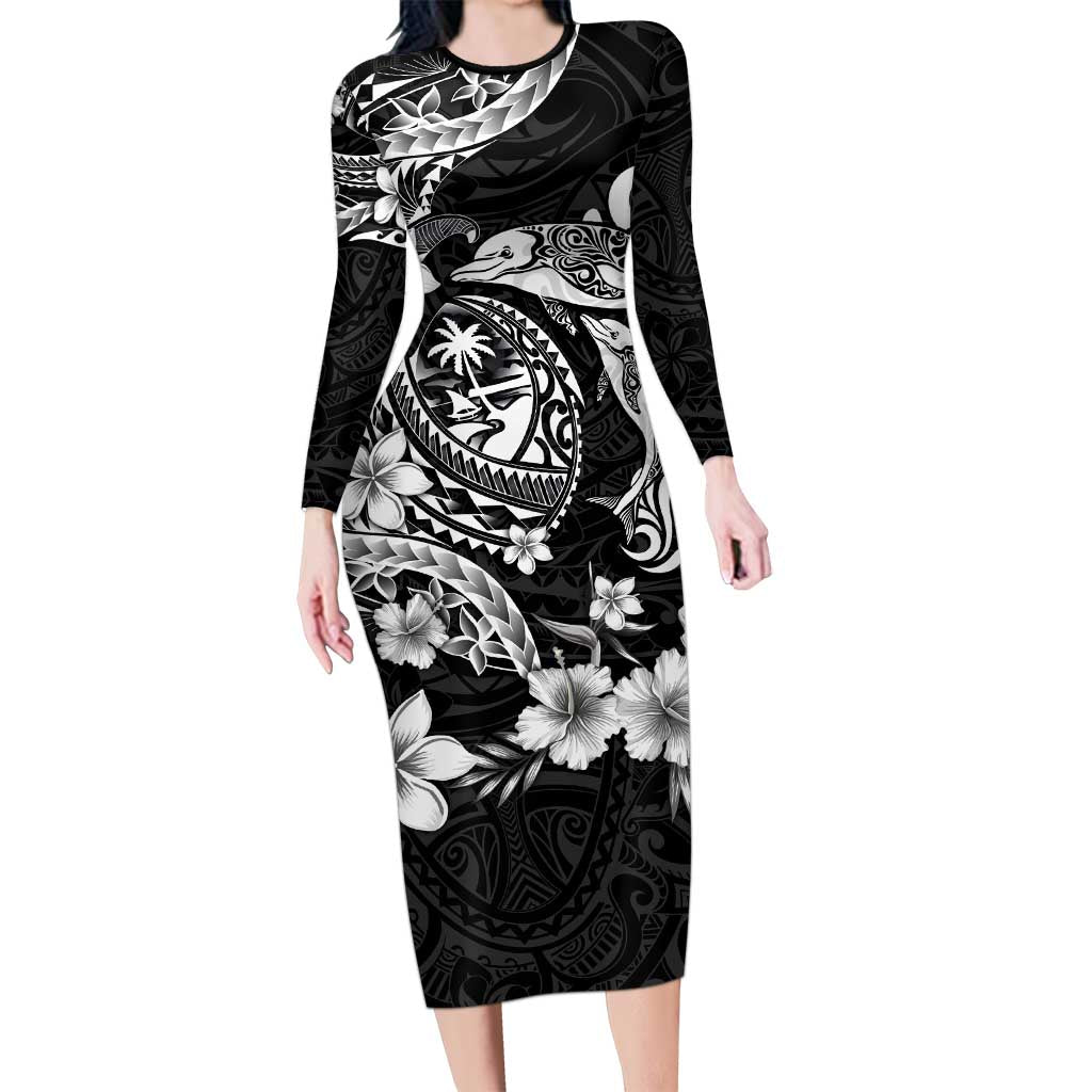 Guam Dolphins Tribal Tattoo Family Matching Long Sleeve Bodycon Dress and Hawaiian Shirt Polynesian Art and Tropical Flower Grayscale LT03 Mom's Dress Black - Polynesian Pride