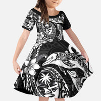 Guam Dolphins Tribal Tattoo Family Matching Mermaid Dress and Hawaiian Shirt Polynesian Art and Tropical Flower Grayscale LT03 Daughter's Dress Black - Polynesian Pride
