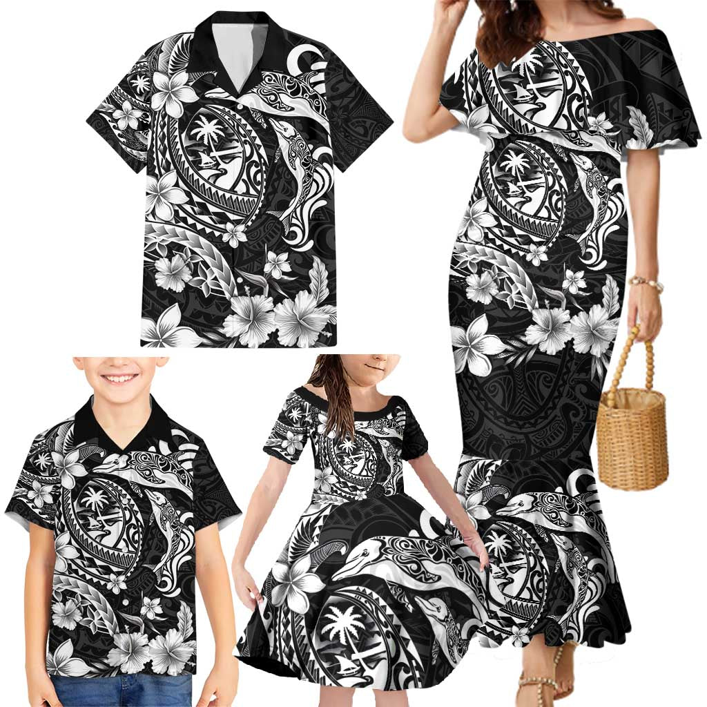Guam Dolphins Tribal Tattoo Family Matching Mermaid Dress and Hawaiian Shirt Polynesian Art and Tropical Flower Grayscale LT03 - Polynesian Pride