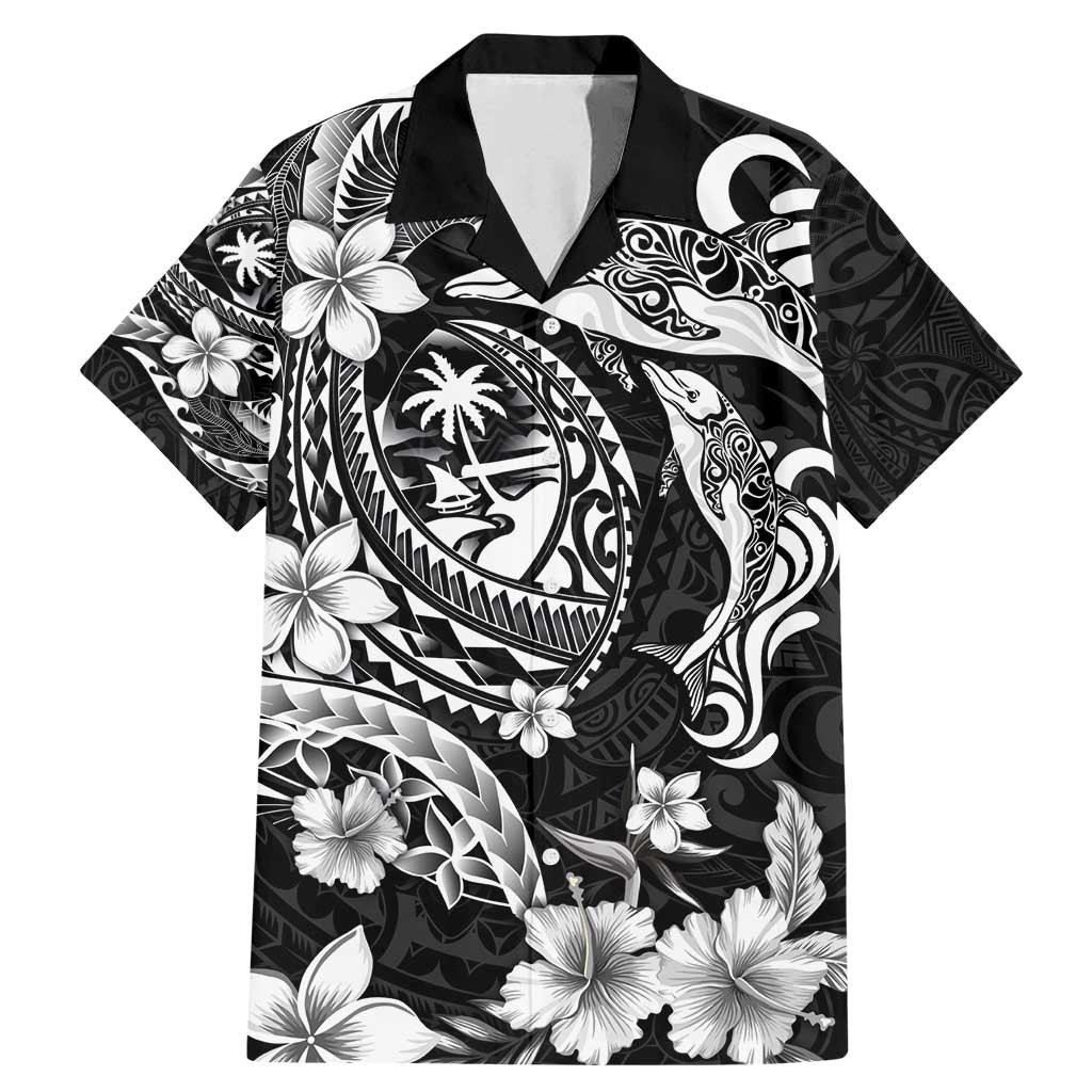 Guam Dolphins Tribal Tattoo Family Matching Mermaid Dress and Hawaiian Shirt Polynesian Art and Tropical Flower Grayscale LT03 Dad's Shirt - Short Sleeve Black - Polynesian Pride