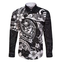 Guam Dolphins Tribal Tattoo Family Matching Mermaid Dress and Hawaiian Shirt Polynesian Art and Tropical Flower Grayscale LT03 Dad's Shirt - Long Sleeve Black - Polynesian Pride
