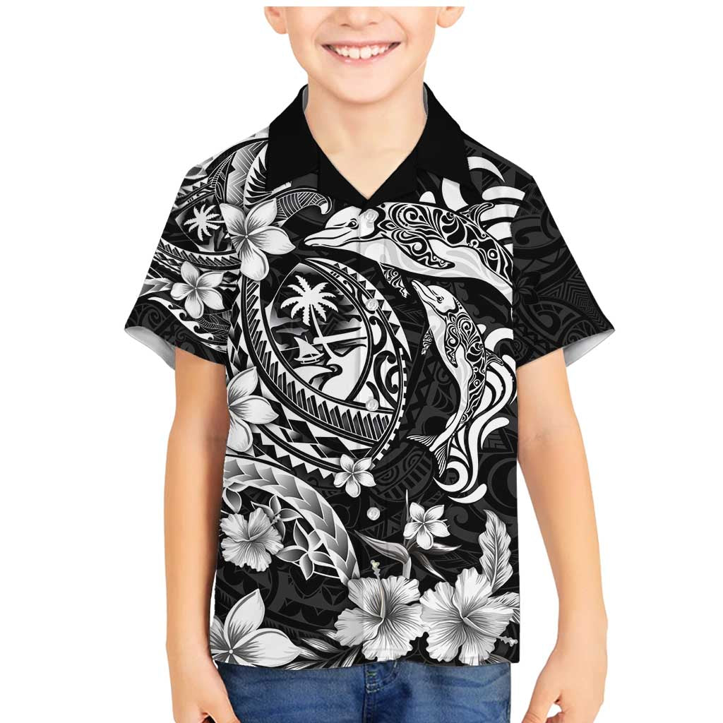Guam Dolphins Tribal Tattoo Family Matching Mermaid Dress and Hawaiian Shirt Polynesian Art and Tropical Flower Grayscale LT03 Son's Shirt Black - Polynesian Pride