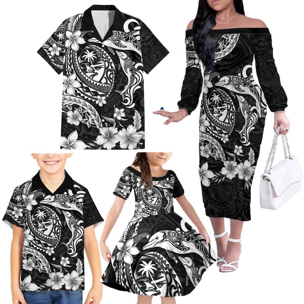 Guam Dolphins Tribal Tattoo Family Matching Off The Shoulder Long Sleeve Dress and Hawaiian Shirt Polynesian Art and Tropical Flower Grayscale LT03 - Polynesian Pride