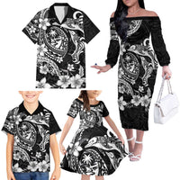 Guam Dolphins Tribal Tattoo Family Matching Off The Shoulder Long Sleeve Dress and Hawaiian Shirt Polynesian Art and Tropical Flower Grayscale LT03 - Polynesian Pride