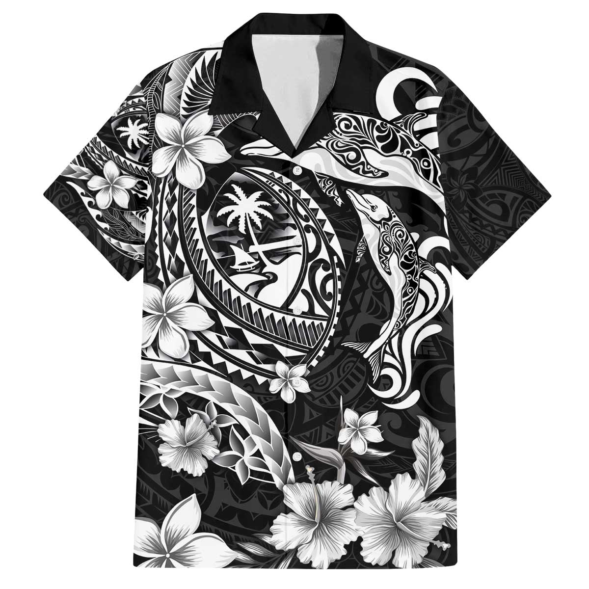 Guam Dolphins Tribal Tattoo Family Matching Off The Shoulder Long Sleeve Dress and Hawaiian Shirt Polynesian Art and Tropical Flower Grayscale LT03 Dad's Shirt - Short Sleeve Black - Polynesian Pride
