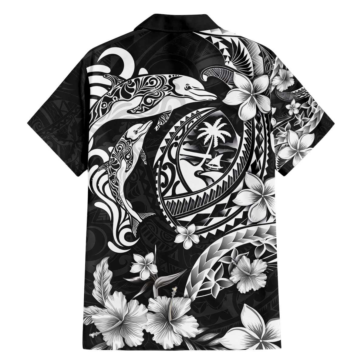 Guam Dolphins Tribal Tattoo Family Matching Off The Shoulder Long Sleeve Dress and Hawaiian Shirt Polynesian Art and Tropical Flower Grayscale LT03 - Polynesian Pride
