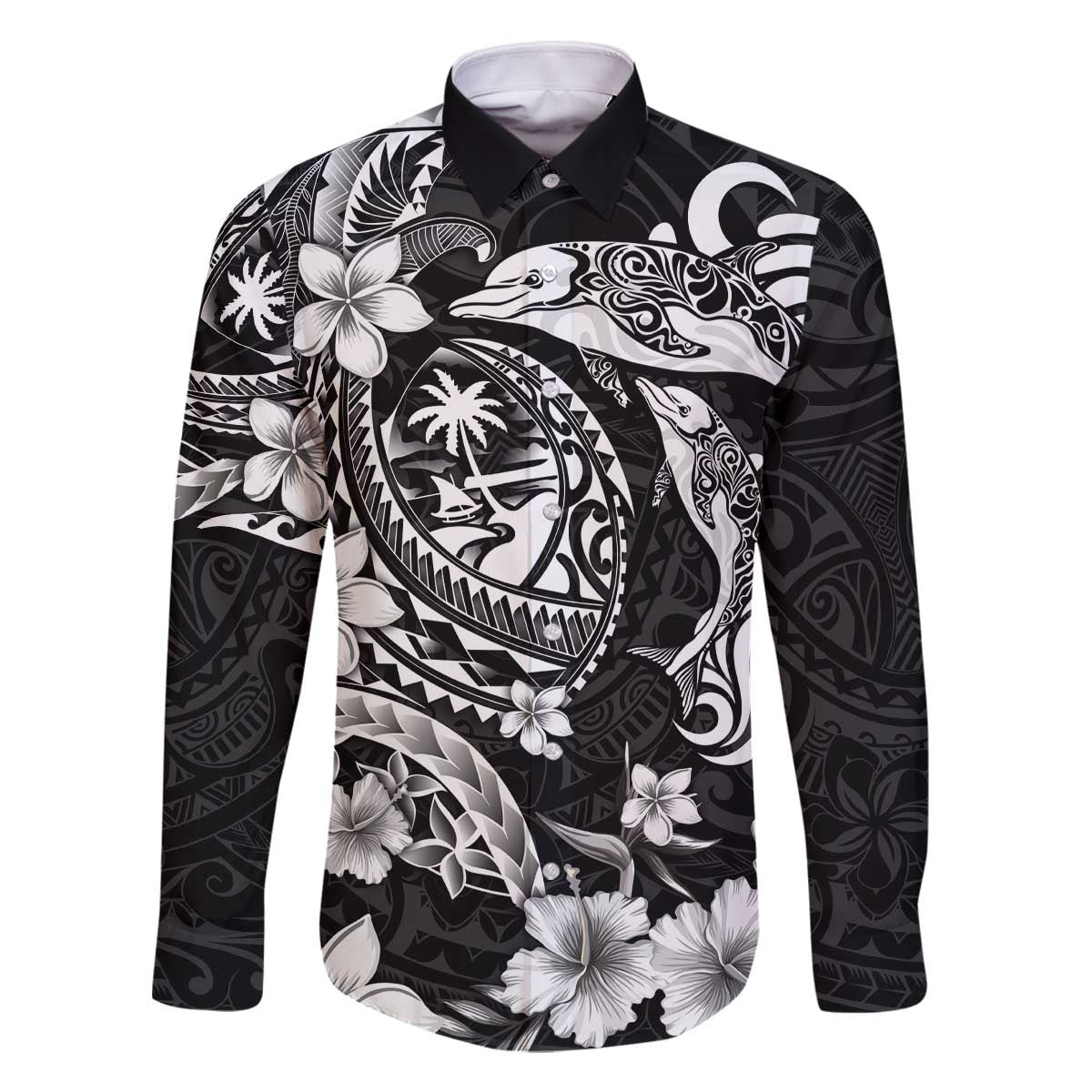 Guam Dolphins Tribal Tattoo Family Matching Off The Shoulder Long Sleeve Dress and Hawaiian Shirt Polynesian Art and Tropical Flower Grayscale LT03 Dad's Shirt - Long Sleeve Black - Polynesian Pride