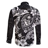 Guam Dolphins Tribal Tattoo Family Matching Off The Shoulder Long Sleeve Dress and Hawaiian Shirt Polynesian Art and Tropical Flower Grayscale LT03 - Polynesian Pride