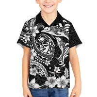 Guam Dolphins Tribal Tattoo Family Matching Off The Shoulder Long Sleeve Dress and Hawaiian Shirt Polynesian Art and Tropical Flower Grayscale LT03 Son's Shirt Black - Polynesian Pride