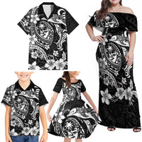 Guam Dolphins Tribal Tattoo Family Matching Off Shoulder Maxi Dress and Hawaiian Shirt Polynesian Art and Tropical Flower Grayscale LT03 - Polynesian Pride