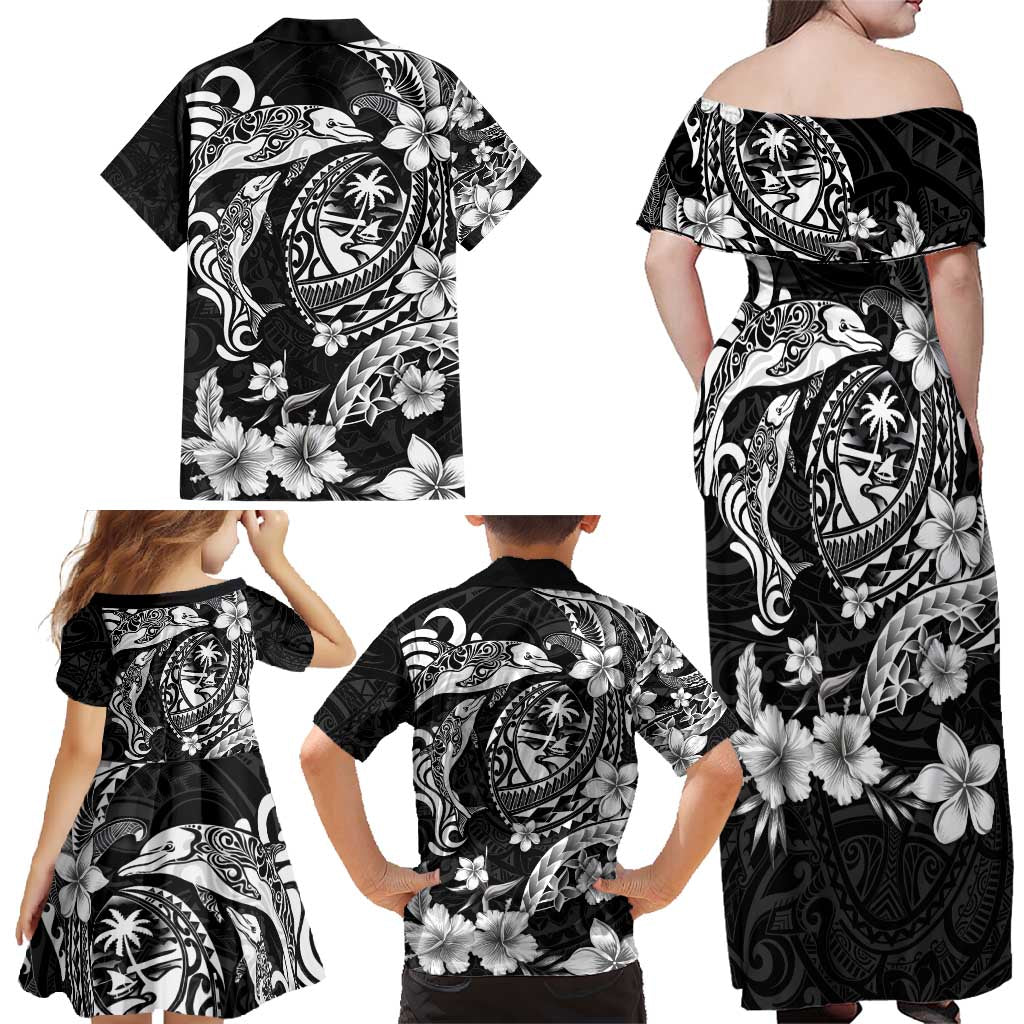 Guam Dolphins Tribal Tattoo Family Matching Off Shoulder Maxi Dress and Hawaiian Shirt Polynesian Art and Tropical Flower Grayscale LT03 - Polynesian Pride