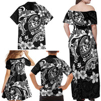 Guam Dolphins Tribal Tattoo Family Matching Off Shoulder Maxi Dress and Hawaiian Shirt Polynesian Art and Tropical Flower Grayscale LT03 - Polynesian Pride
