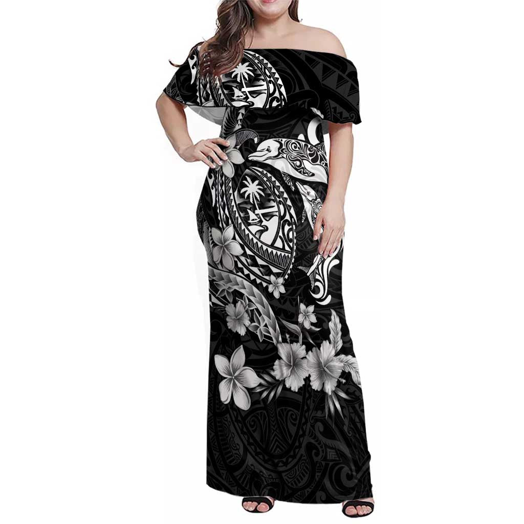 Guam Dolphins Tribal Tattoo Family Matching Off Shoulder Maxi Dress and Hawaiian Shirt Polynesian Art and Tropical Flower Grayscale LT03 Mom's Dress Black - Polynesian Pride