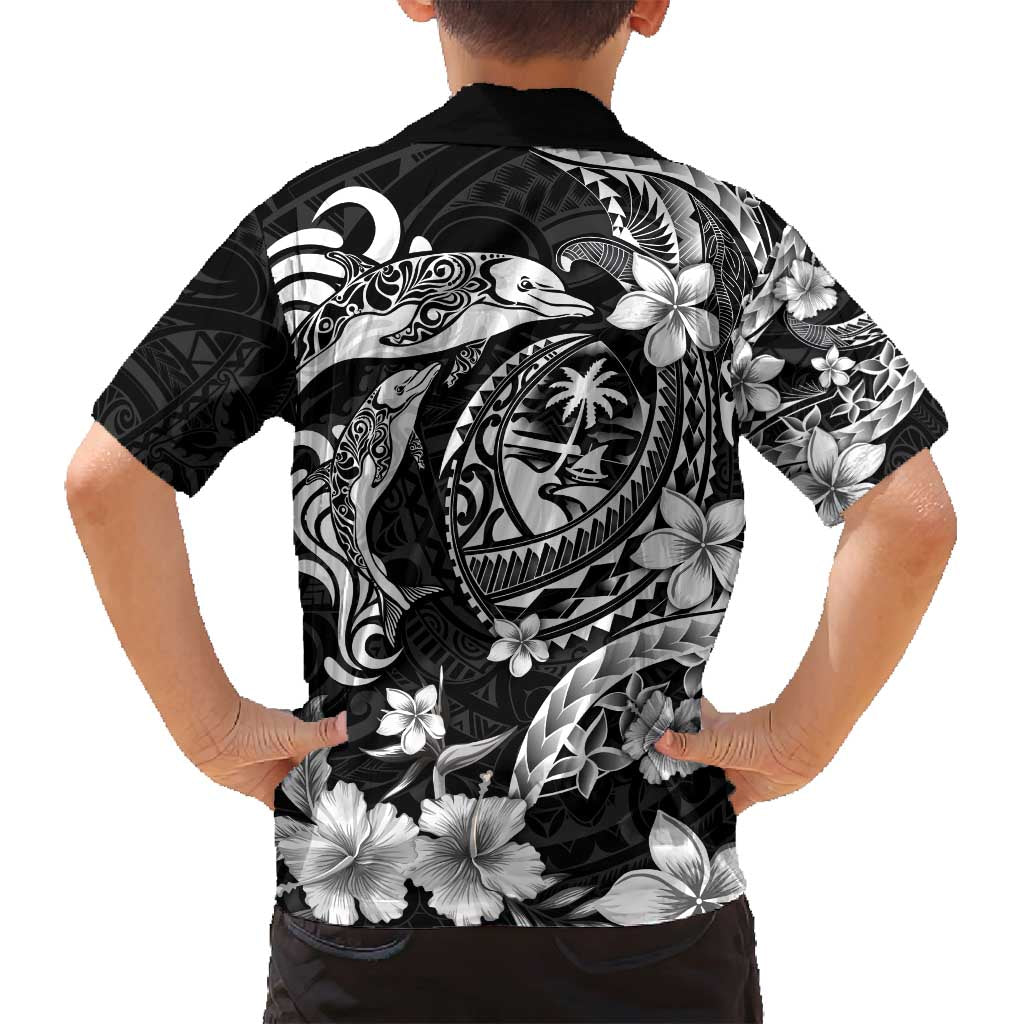 Guam Dolphins Tribal Tattoo Family Matching Off Shoulder Short Dress and Hawaiian Shirt Polynesian Art and Tropical Flower Grayscale LT03 - Polynesian Pride