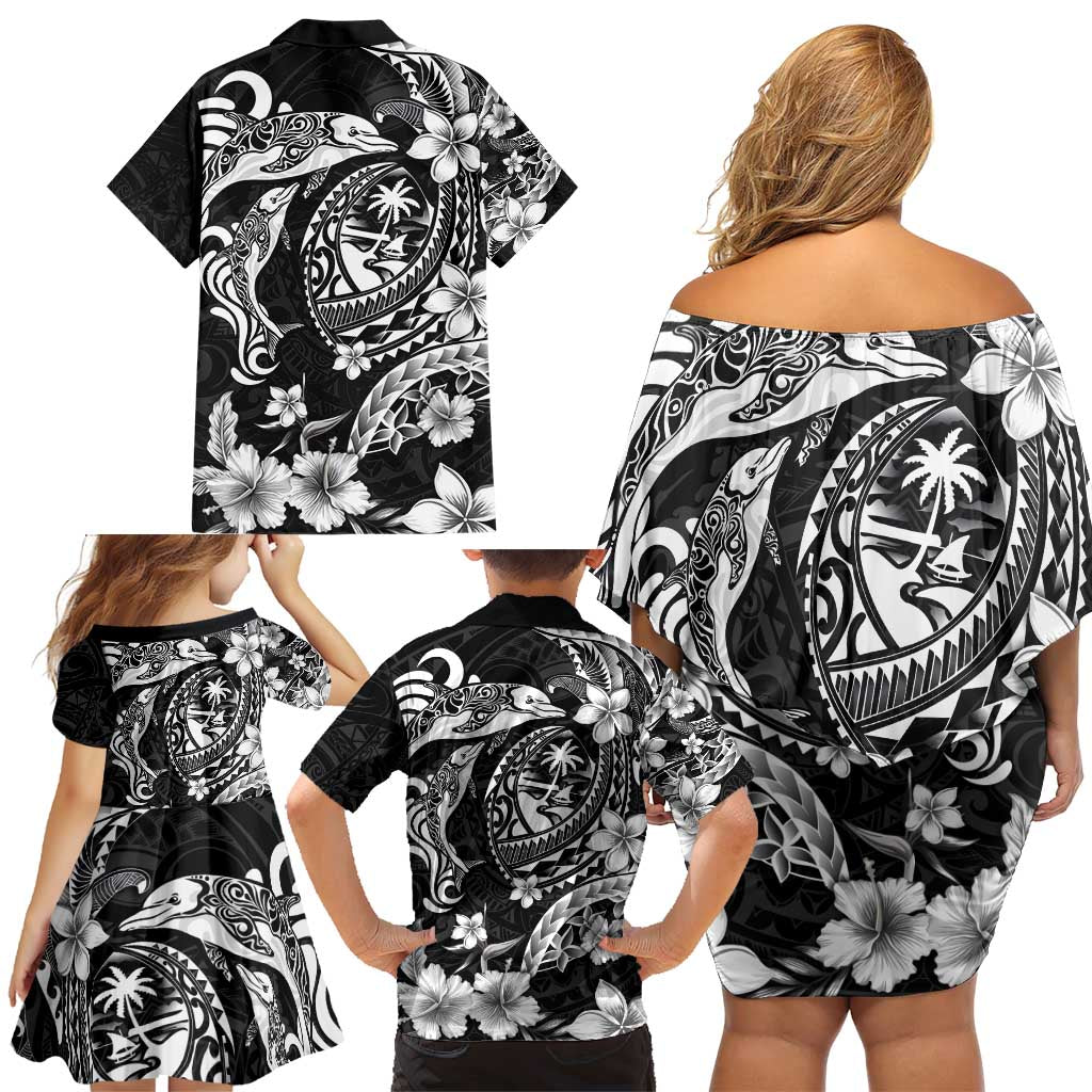 Guam Dolphins Tribal Tattoo Family Matching Off Shoulder Short Dress and Hawaiian Shirt Polynesian Art and Tropical Flower Grayscale LT03 - Polynesian Pride