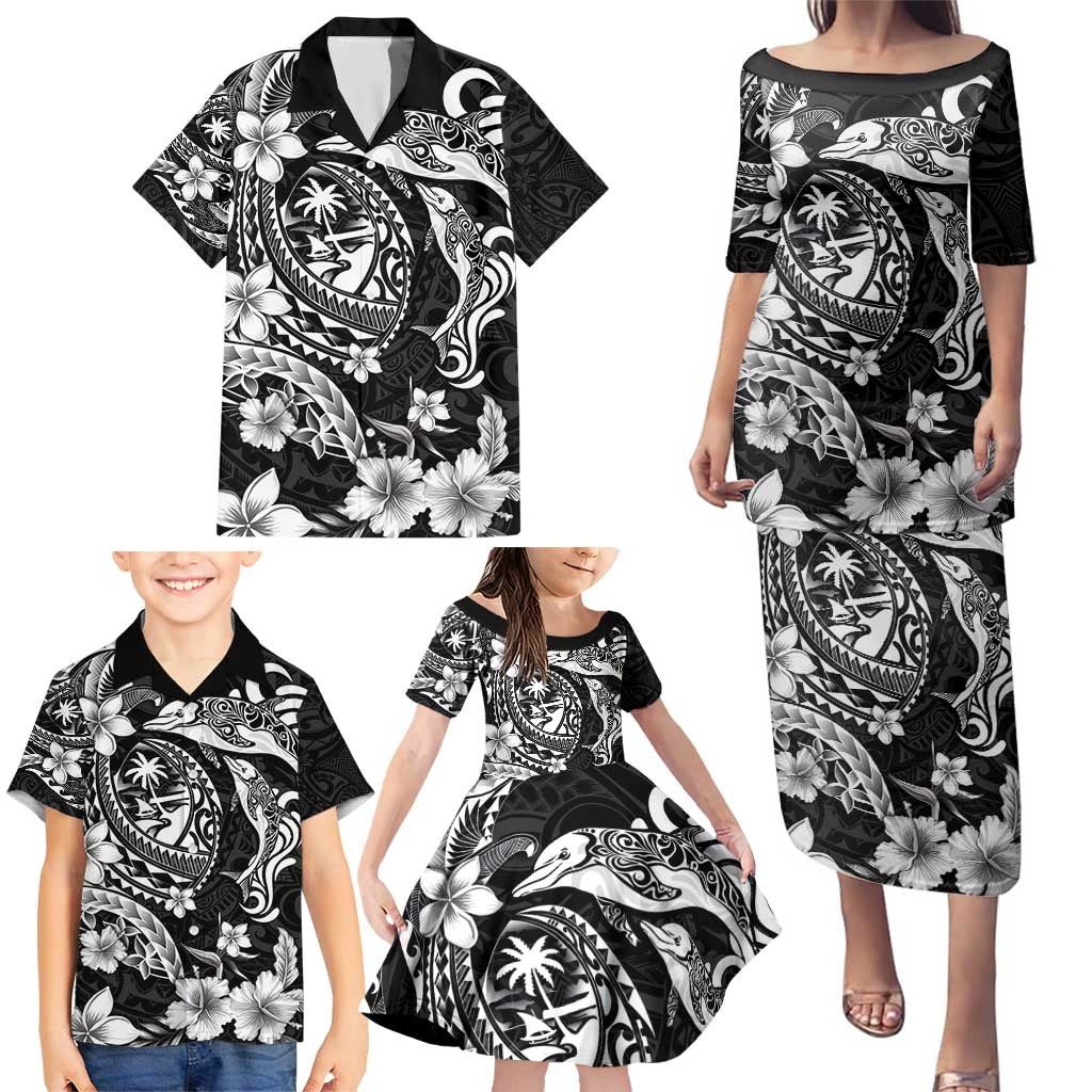 Guam Dolphins Tribal Tattoo Family Matching Puletasi and Hawaiian Shirt Polynesian Art and Tropical Flower Grayscale LT03 - Polynesian Pride