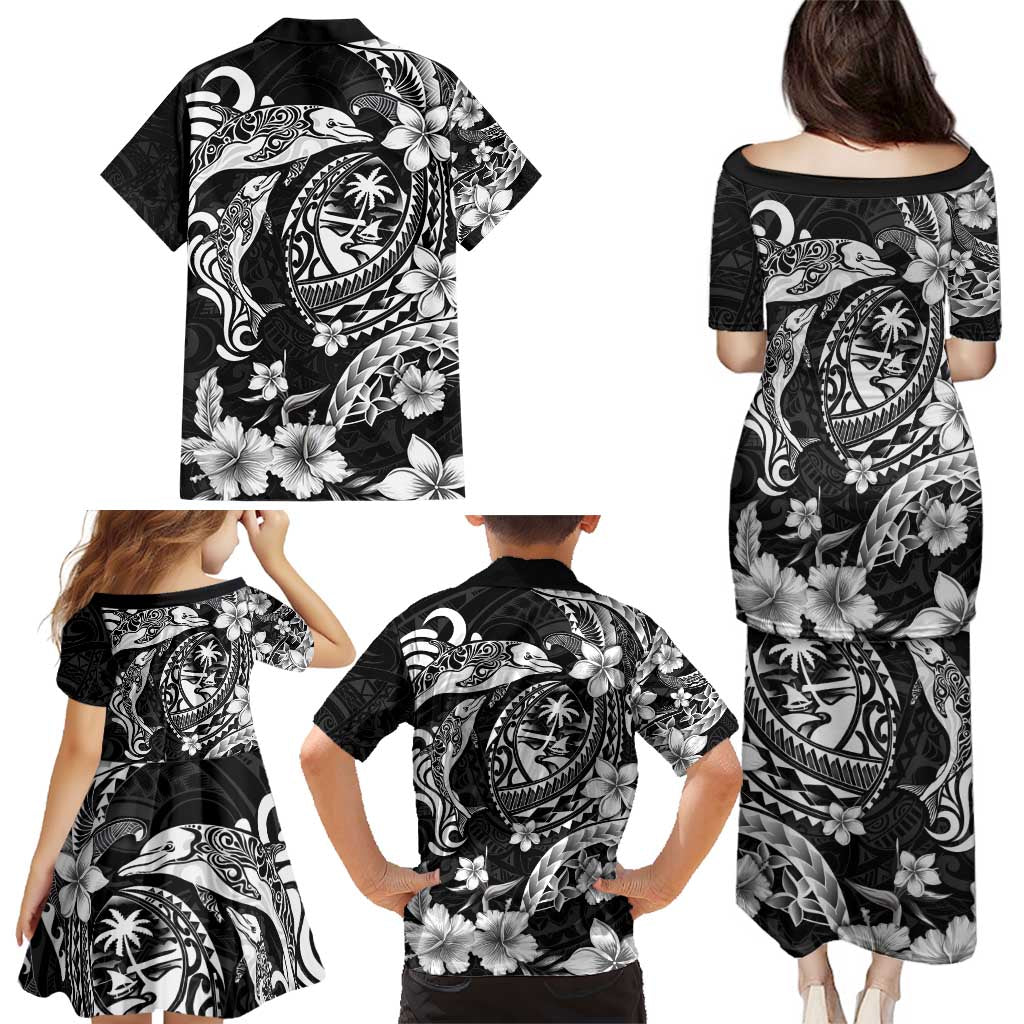 Guam Dolphins Tribal Tattoo Family Matching Puletasi and Hawaiian Shirt Polynesian Art and Tropical Flower Grayscale LT03 - Polynesian Pride