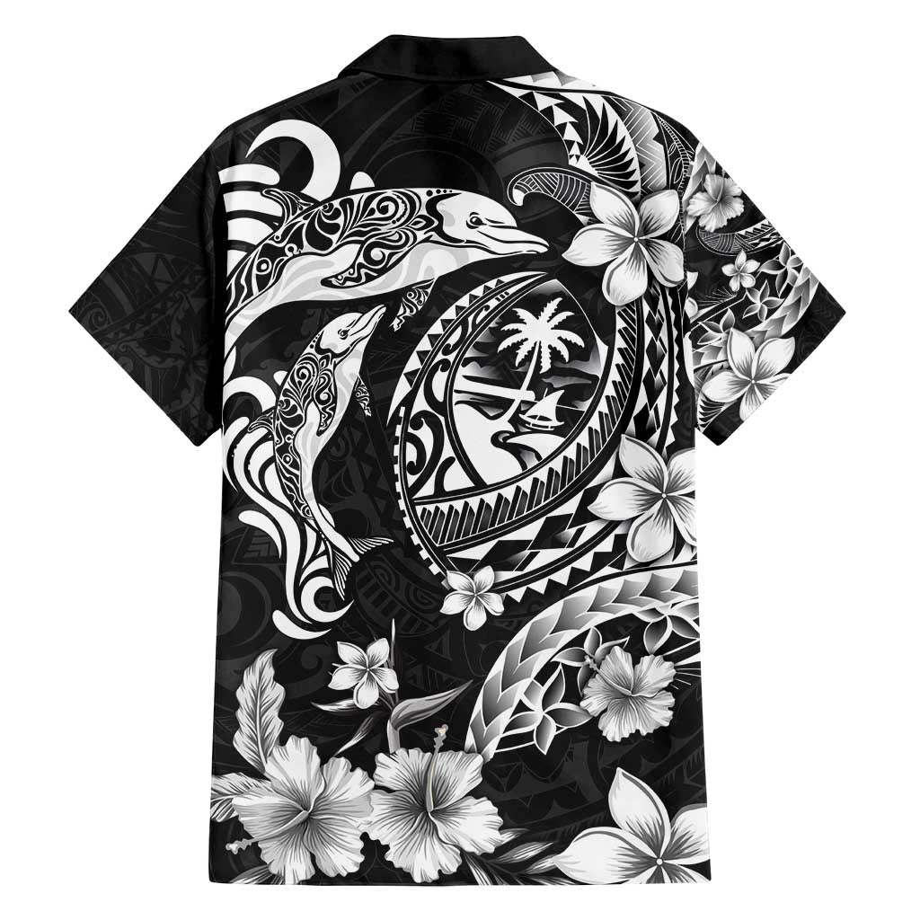 Guam Dolphins Tribal Tattoo Family Matching Puletasi and Hawaiian Shirt Polynesian Art and Tropical Flower Grayscale LT03 - Polynesian Pride
