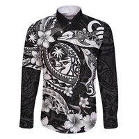 Guam Dolphins Tribal Tattoo Family Matching Puletasi and Hawaiian Shirt Polynesian Art and Tropical Flower Grayscale LT03 Dad's Shirt - Long Sleeve Black - Polynesian Pride