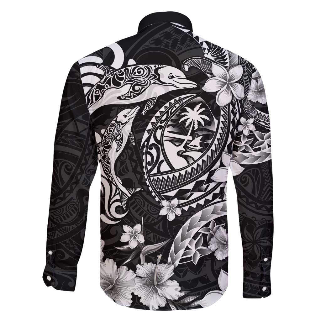 Guam Dolphins Tribal Tattoo Family Matching Puletasi and Hawaiian Shirt Polynesian Art and Tropical Flower Grayscale LT03 - Polynesian Pride