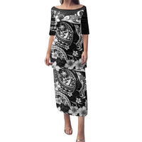 Guam Dolphins Tribal Tattoo Family Matching Puletasi and Hawaiian Shirt Polynesian Art and Tropical Flower Grayscale LT03 Mom's Dress Black - Polynesian Pride