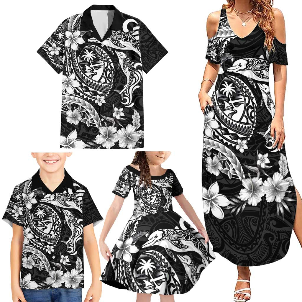 Guam Dolphins Tribal Tattoo Family Matching Summer Maxi Dress and Hawaiian Shirt Polynesian Art and Tropical Flower Grayscale LT03 - Polynesian Pride