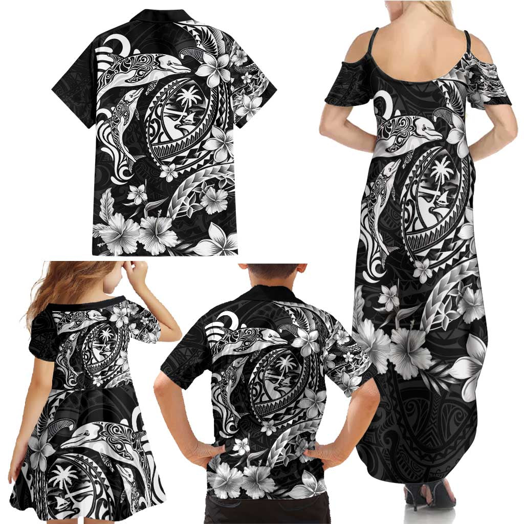 Guam Dolphins Tribal Tattoo Family Matching Summer Maxi Dress and Hawaiian Shirt Polynesian Art and Tropical Flower Grayscale LT03 - Polynesian Pride