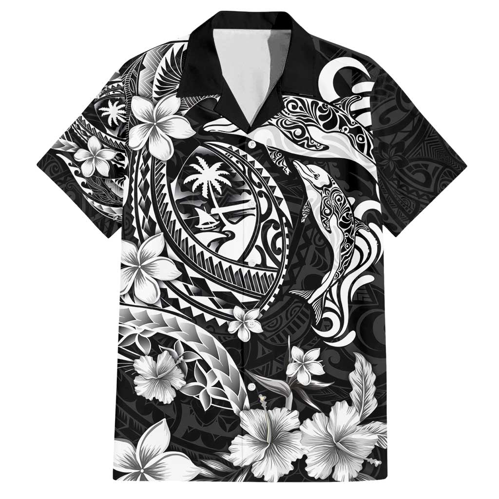 Guam Dolphins Tribal Tattoo Family Matching Summer Maxi Dress and Hawaiian Shirt Polynesian Art and Tropical Flower Grayscale LT03 Dad's Shirt - Short Sleeve Black - Polynesian Pride