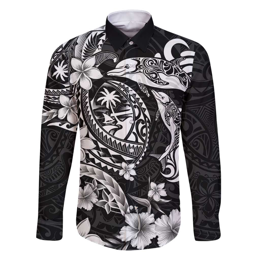 Guam Dolphins Tribal Tattoo Family Matching Tank Maxi Dress and Hawaiian Shirt Polynesian Art and Tropical Flower Grayscale LT03 Dad's Shirt - Long Sleeve Black - Polynesian Pride