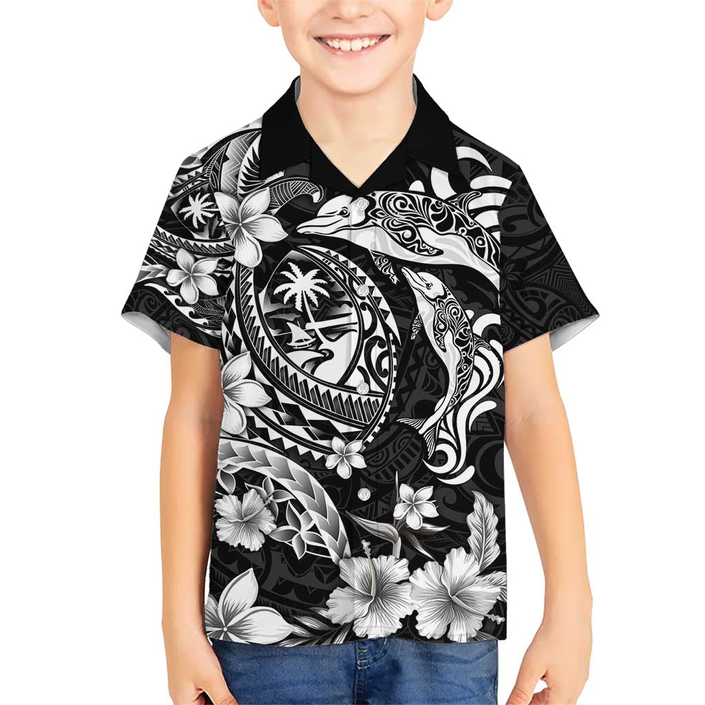 Guam Dolphins Tribal Tattoo Hawaiian Shirt Polynesian Art and Tropical Flower Grayscale