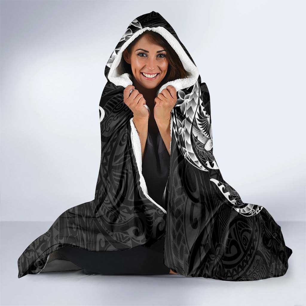 Guam Dolphins Tribal Tattoo Hooded Blanket Polynesian Art and Tropical Flower Grayscale