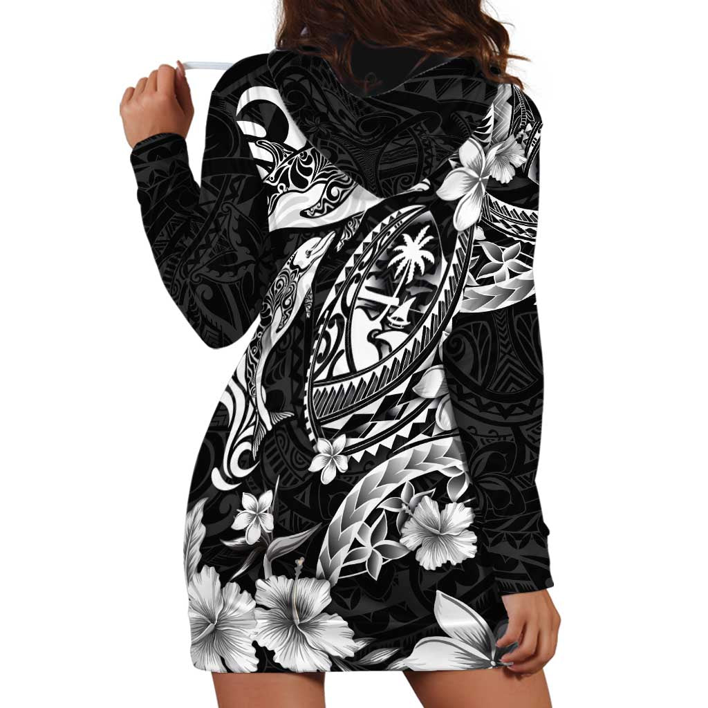 Guam Dolphins Tribal Tattoo Hoodie Dress Polynesian Art and Tropical Flower Grayscale LT03 - Polynesian Pride